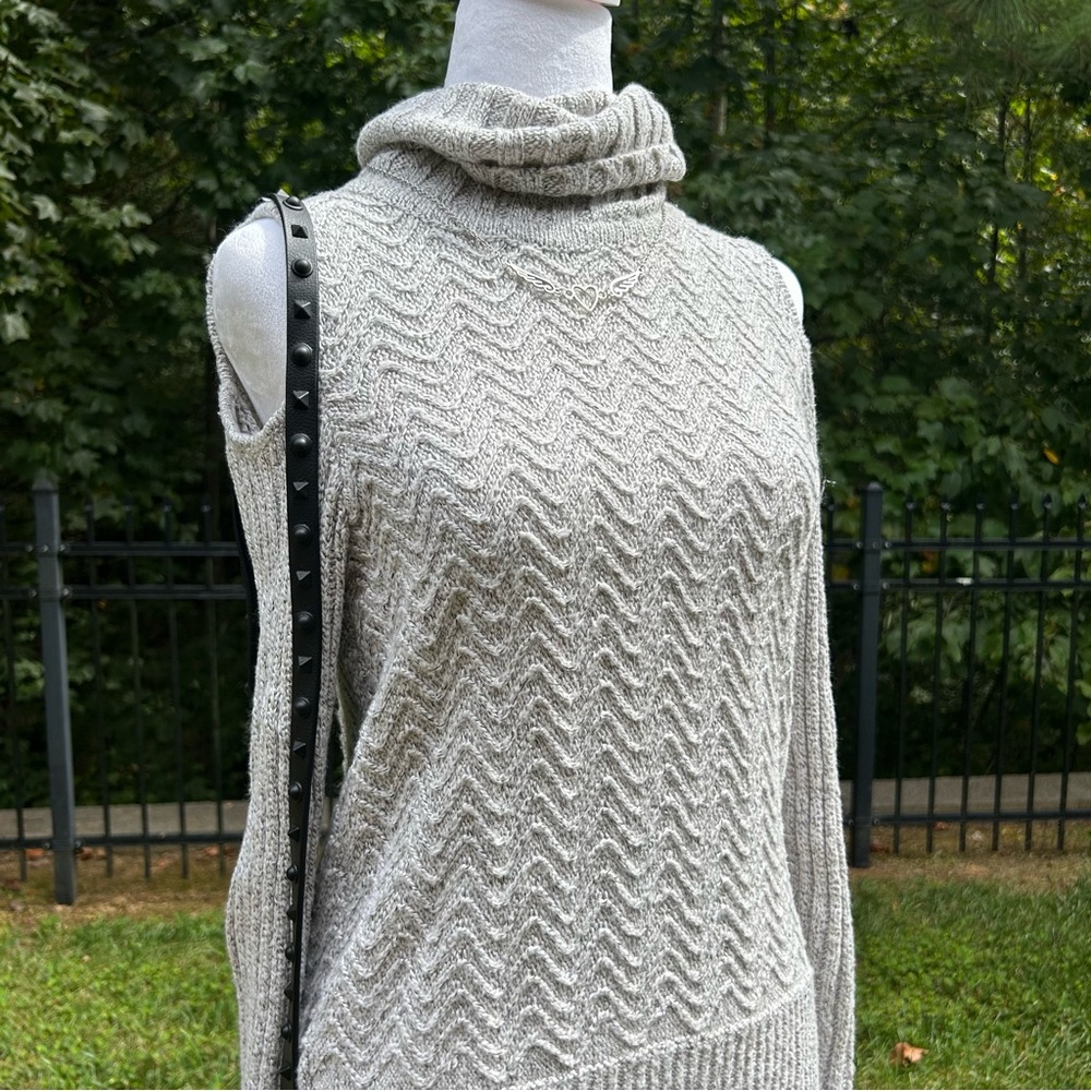 Gray Open-Shoulder Turtleneck Sweater